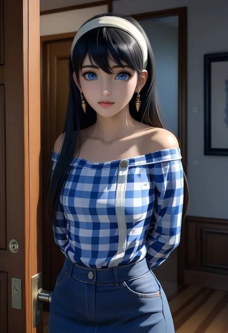 young asian-caucasian girl, {yor briar, black hair, earrings, white ribbon hairband, hairband, long hair}, posing in front of house 's door, she is long straight hair, wearing long sleeves off-shoulder blouse (+blue checkered blouse), black spaghetti straps, blue denim pencil mini skirt, BREAK, (1girl, solo, full body, looking at viewer, front view), (best quality,4k,8k,highres,masterpiece:1.2),ultra-detailed,(realistic,photo-realistic:1.37),cinematic lighting,moody lighting,dramatic shadows,vibrant colors, (expressive eyes, perfect face, perfect anatomy)