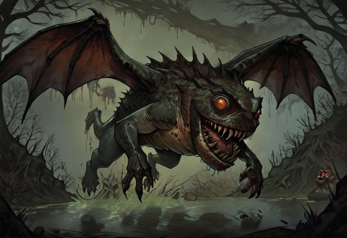 masterpiece, best quality, newest, absurdres, highres,  
TTCSV1.0, cherry-gig, 
Droad-V1.0, dragon, toad, frog, monster, no humans, animal focus, teeth, sharp teeth, claws, roar, open mouth, sharp claws, horror (theme), dark fantasy, swamp, wings, flying,
