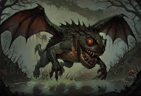 masterpiece, best quality, newest, absurdres, highres,
TTCSV1.0, cherry-gig,
Droad-V1.0, dragon, toad, frog, monster, no humans, animal focus, teeth, sharp teeth, claws, roar, open mouth, sharp claws, horror (theme), dark fantasy, swamp, wings, flying,
