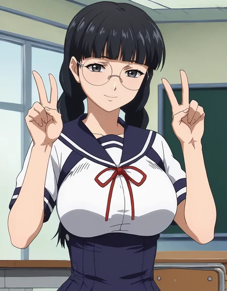 score_9, score_8_up, score_7_up, score_6_up, score_5_up, score_4_up, <lora:NaoK_T1V0:0.85>, <lora:sdxl_lightning_8step_lora:1>,
source_anime, anime screencap, 1girl, solo,
NaoK_T1V0, black hair, long hair, low twin braids, blunt bangs, black eyes, grey eyes, large breasts,
glasses, rimless eyewear,
school uniform, serafuku, white shirt, short sleeves, blue sailor collar, red neck ribbon,
blue skirt, high-waist skirt, suspender skirt, suspenders,
hands up, double v,
looking at viewer, light smile, closed mouth,
indoors, classroom, upper body,