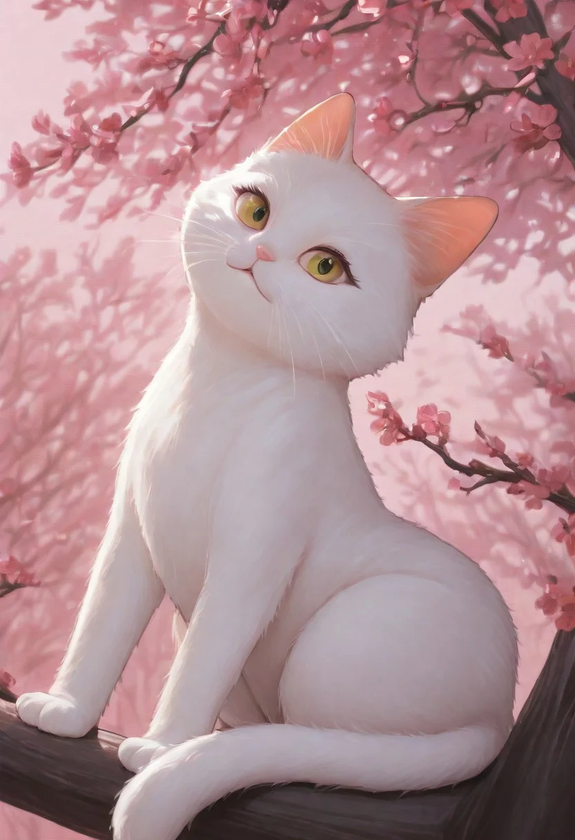masterpiece, best quality, absurdres, cats sitting on a tree branch, facing each other in an intimate and harmonious pose. The left cat is black, while the right cat is white, creating a striking contrast. They are surrounded by delicate, blooming branches with small flowers, adding a serene and romantic atmosphere. The background is softly blurred, focusing the viewer's attention on the cats and their interaction. The lighting is soft, emphasizing the texture of their fur and the gentle ambiance of the scene. pink heart in front of them, white sphere in the background, HANA4