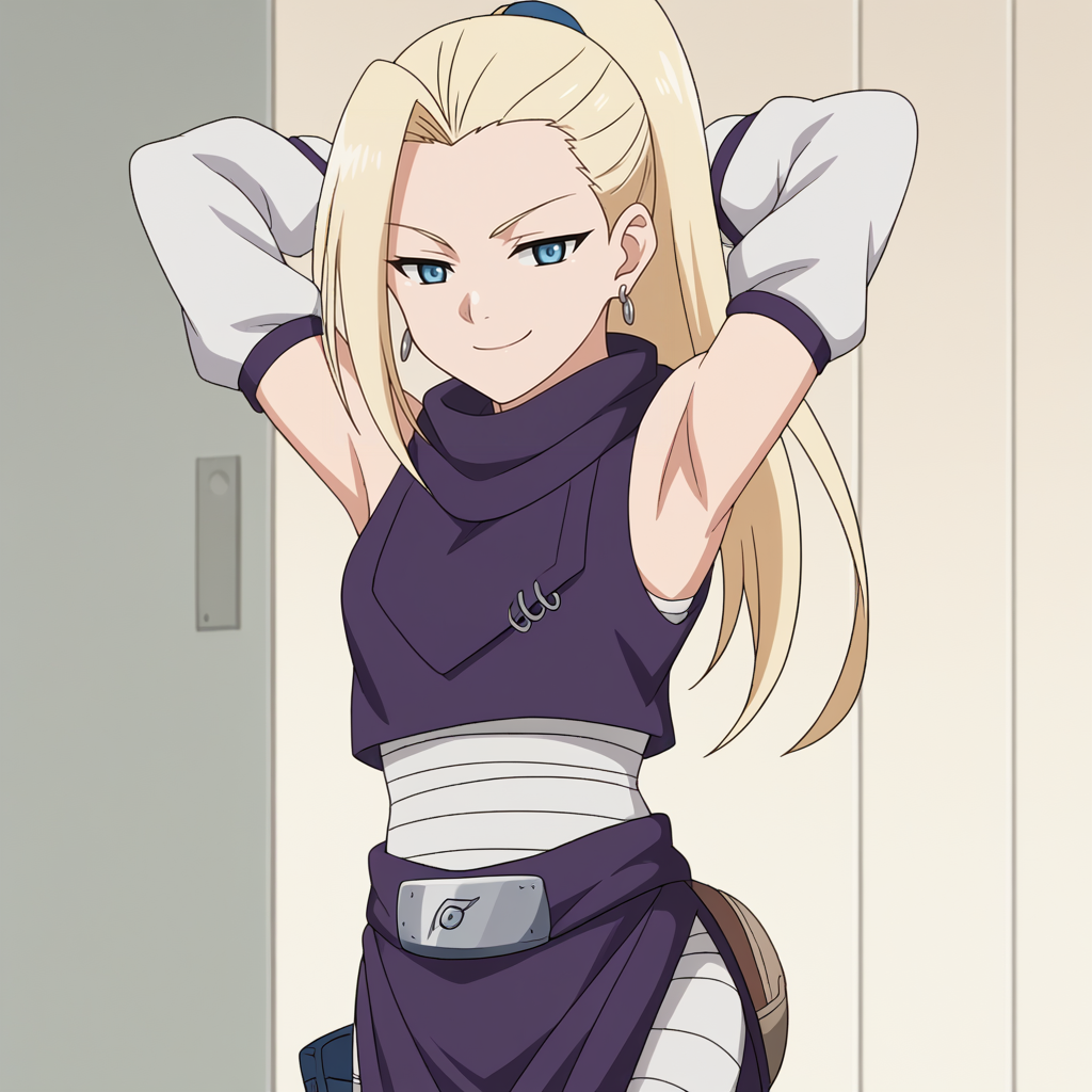 score_9,score_8_up,score_7_up,score_6_up, anime_screencap, anime coloring, flat color, <lora:Eufoniuz_Anime_Screencap-000008:0.8>,  <lora:Ino_Genin_Pony-000007:0.8>, inog, 1girl, solo, bandana around waist, pelvic curtain, long hair, ponytail,  blue eyes, blonde hair, earrings, bandaged waist,  detached sleeves, bandaged leg, purple crop top, sleeveless, thigh pouch, scarf, arms behind head, armpits, portrait, close up, half-closed eyes, smile,