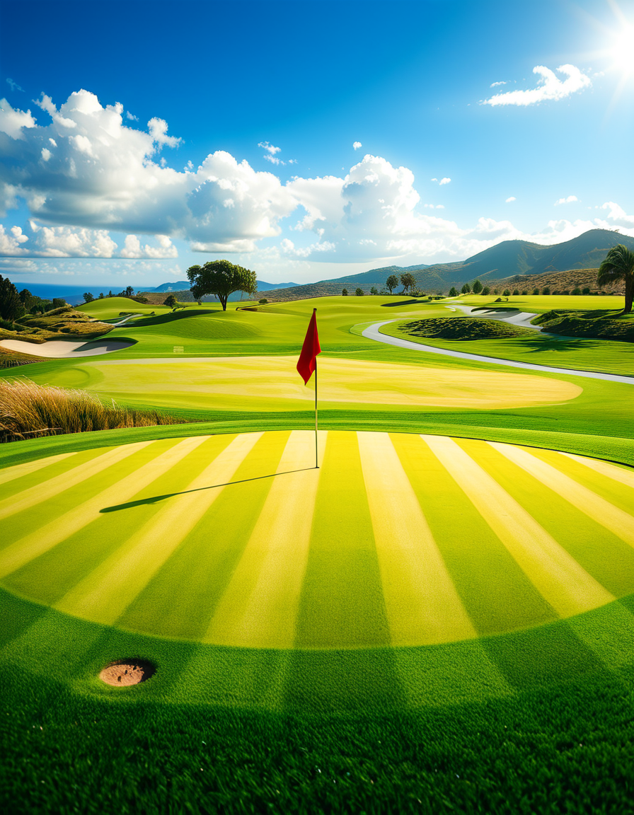 A stunning golf course captured in a high-resolution photograph, bathed in warm sunlight during the golden hour. The vast landscape features lush, perfectly manicured green fairways stretching into the distance, surrounded by rolling hills and scattered sand bunkers with smooth, raked surfaces. A crystal-clear water hazard reflects the sky, adding depth to the scenery. In the foreground, a pristine white golf ball rests on the neatly trimmed grass near a wooden tee marker. A red flag flutters gently atop a flagstick, marking the hole on the undulating green. Tall palm trees or majestic pines line the course, casting long shadows. The background showcases a breathtaking view of distant mountains or a serene blue ocean, enhancing the sense of tranquility and luxury. The sky is a brilliant shade of blue with soft, wispy clouds. The overall composition exudes elegance, precision, and the beauty of nature, capturing the essence of a world-class golf course.
<lora:SDXLFaeTastic2400:0.4> <lora:extremely_detailed:0.4> extremely detailed,<lora:golf_course:1>,golf c0urs3, Masterpiece,best quality,hi res,8k,hi res,8k,award winning,(sharp focus, intricate, highly detailed),