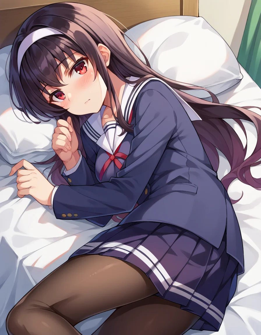 score_9, score_8_up, score_7_up, source_anime,
utahakasumigaoka, <lora:utaha-kasumigaoka-ponyxl-lora-nochekaiser:1>
utaha kasumigaoka, black hair, hairband, long hair, red eyes,
long sleeves, school uniform, skirt, pantyhose,
indoors, bed, bed room, on side, blush, drunk,
looking at viewer, dutch angle, cowboy shot,