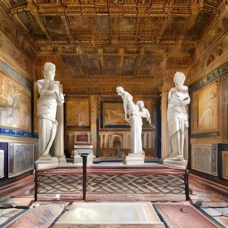 (masterpiece:1.2), (best quality,:1.2), 8k, HDR, ultra detailed, ((photorealistic)), professional light, cinematic lighting, fashion photography, ambient lighting, face lighting, <lora:detail_slider_v4:1>, Fantasy picture, OverallDetail, large ancient room with a marble table, and with a statue on the floor in the middle, RomInt, <lora:RomanInterior-10:1>, epiCPhoto
