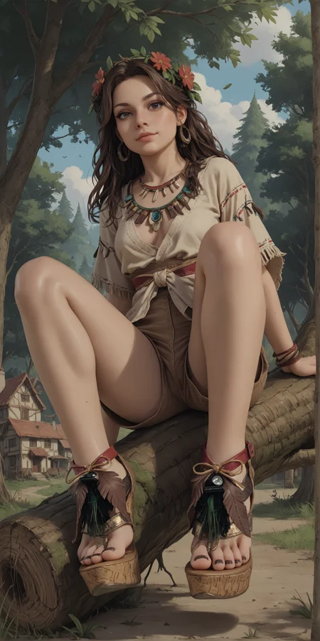 score_9, score_8_up, score_7_up, score_6_up,
1girl,
brown hair,
dark skin,
tribal,
sitting in tree, sitting on tree branch, legs dangling,
feet, toes, black toenail polish,
(b0h0 heels), platform footwear,
(forest:0.9), town, village,
looking at viewer, v,
hippie tunic, frayed brown shorts,
embedding:zPDXLrl ,
embedding:zPDXL2 ,