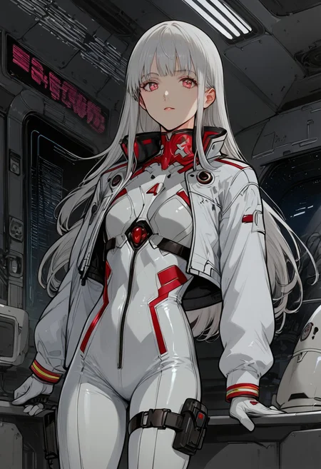core_9, score_8_up, score_7_up, score_6_up, score_5_up, score_4_up,1 boy, long hair, 18 years old, albino, white hair, neon pink eyes, pale skin, golden collar, fitness boy, Diamond pattern, lightweight padded jacket, long sleeve, cropped padded jacket, coat, puffer and packable coats, tactical jacket, cyberpunk jacket, tacticalgear, Fashionable style, long sleeves, white bodysuit, latex bodysuit, eva 01 plug suit, white gloves, pistols holstered on their thighs, shiny clothes, science fiction, standing, artist name, cowboy shot, looking at viewer, low angle, background room, spaceship cabin, neon lights.