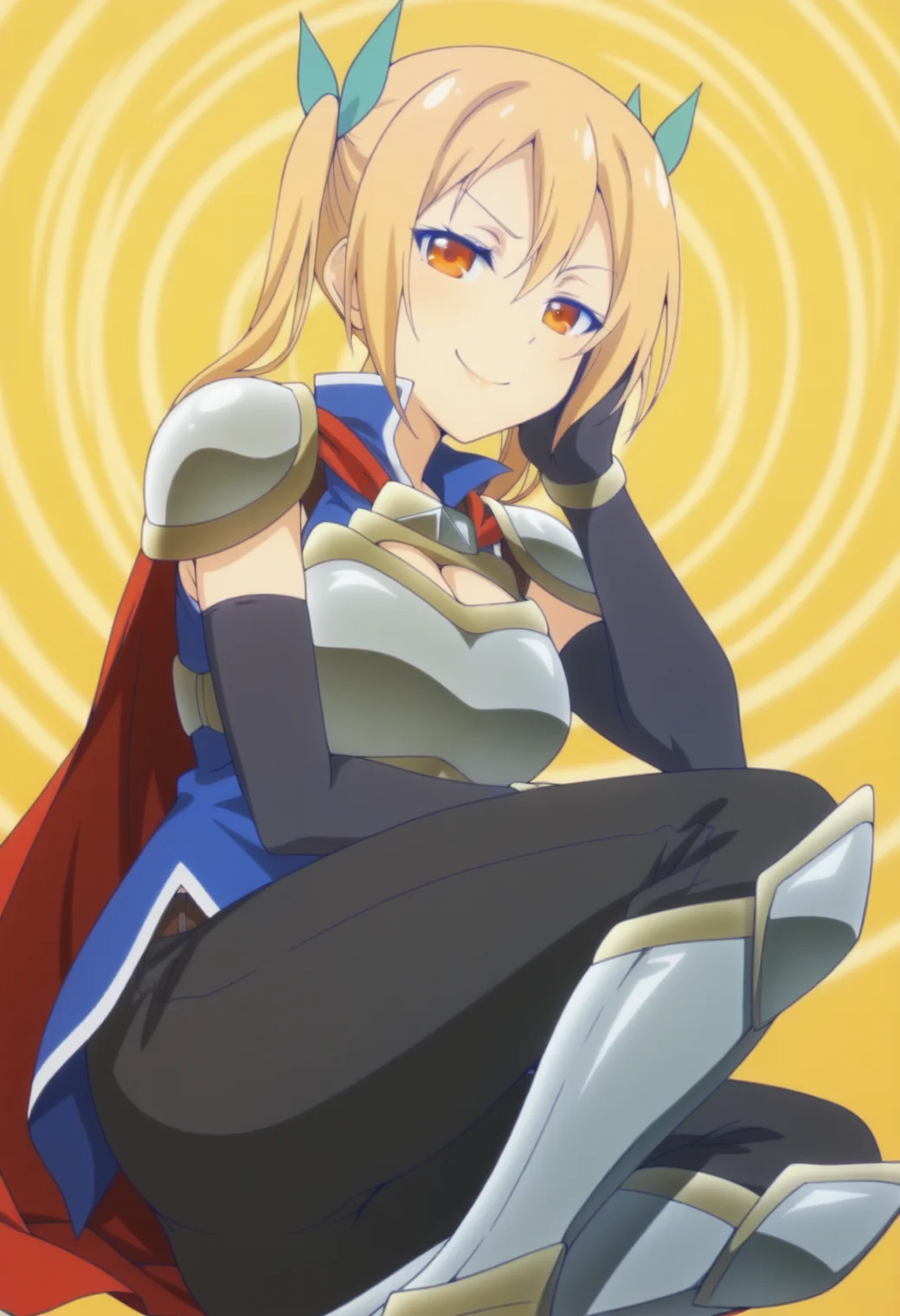 anime screencap, anime coloring, <lora:DX888Akane:1> schwein, orange eyes, blonde hair, long hair, twintails, BREAK hair ribbon, red cape, armor, breastplate, shoulder armor, blue shirt, elbow gloves, black pants, armored boots, BREAK simple background, yellow background,  spiral background, BREAK     1girl, breasts, cleavage, hand on own cheek, hand on own face, head rest, large breasts, looking at viewer, lying, on side, smile, smug, solo, thick thighs, (from side:1.2), (v:1.2)