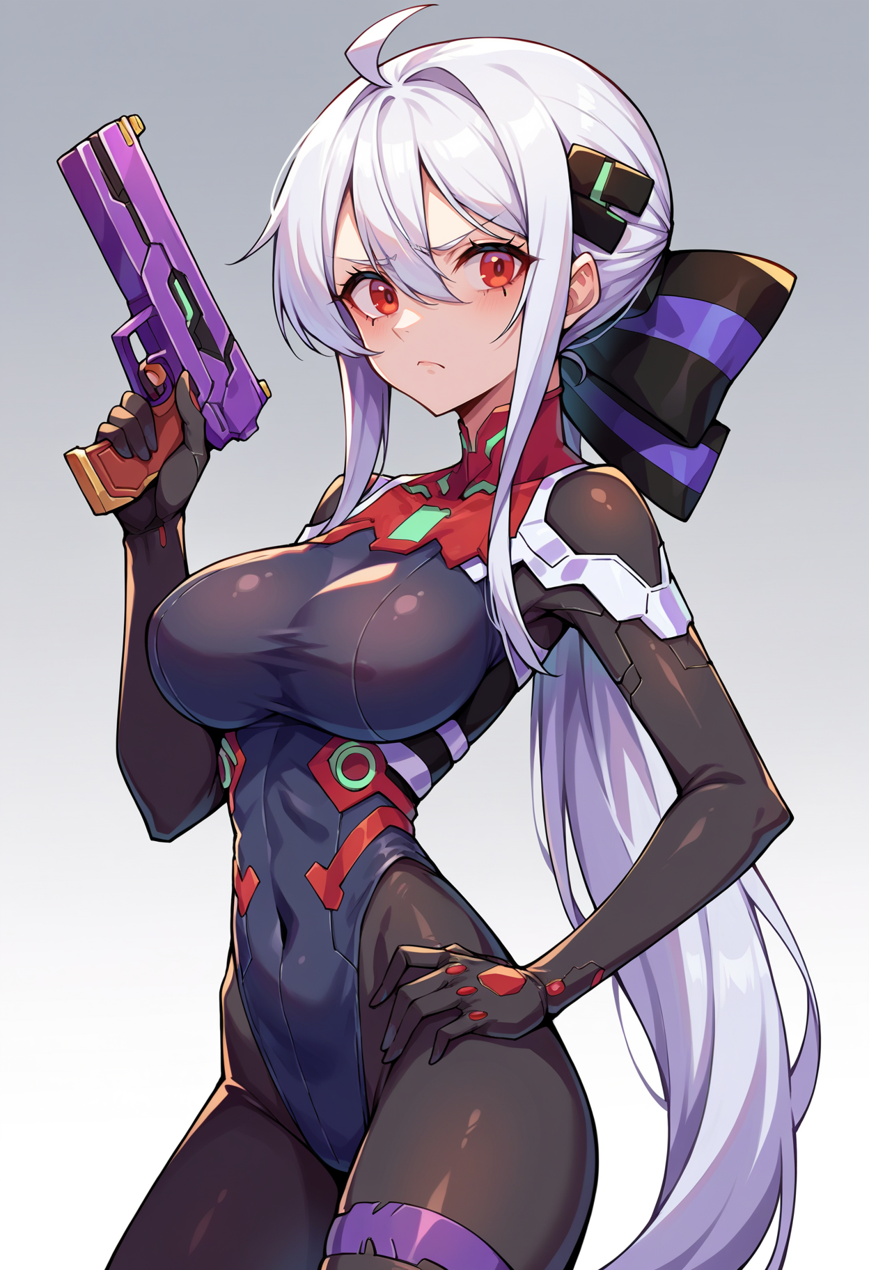 score_9, score_8_up, score_7_up, source_anime,  (large breasts:1.4),  ponytail, red eyes, sidelocks, silver hair, striped ribbon, long hair, ywhakubase ,  hair bow,   cyberpunk,  ahoge, purple trim,  (black bodysuit),   <lora:Haku-pdxl-dora:0.9>,   slim waist, contrapposto, mature female, skin tight, cowboy shot, holding gun, frown,