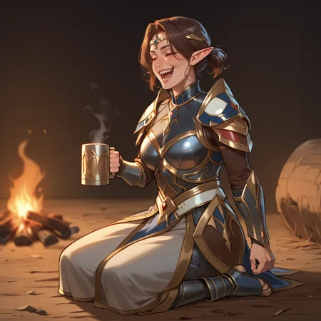 score_9, score_8_up, score_7_up, rating_safe,
brown hair, short ponytail, circlet, armor, holding a mug of ale, drunk, campfire, laughing,
elf, mature woman, looking at viewer,
<lora:HEPRINCESS:0.8>