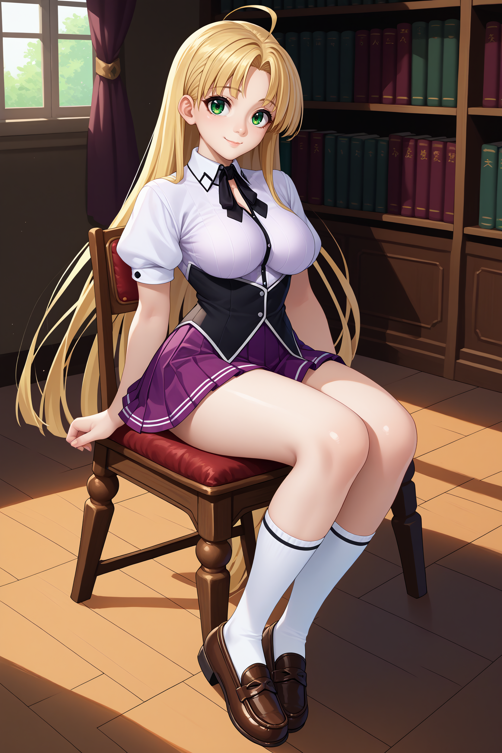 score_9, score_8_up, score_7_up, score_6_up, source_anime, 1girl, solo, <lora:asiaargento-pdxl-nvwls-v1-000005:1> dxdaa, blonde hair, very long hair, green eyes, ahoge, white shirt, short sleeves, puffy sleeves, black underbust, neck ribbon, collared shirt, purple skirt, pleated skirt, big breasts, sitting, chair, looking at you, bookshelf, library, smile, full body, white socks, loafers