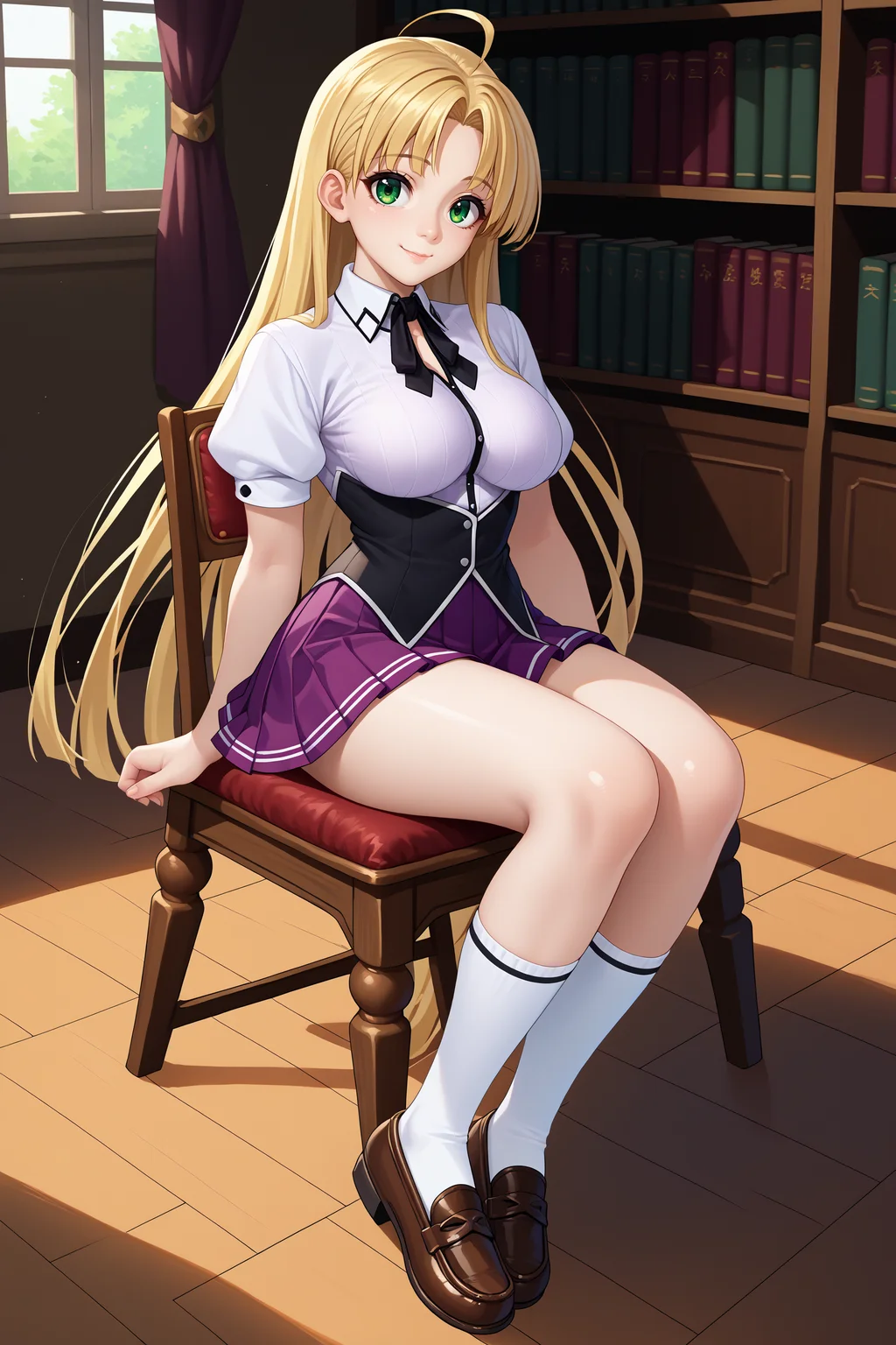 score_9, score_8_up, score_7_up, score_6_up, source_anime, 1girl, solo, <lora:asiaargento-pdxl-nvwls-v1-000005:1> dxdaa, blonde hair, very long hair, green eyes, ahoge, white shirt, short sleeves, puffy sleeves, black underbust, neck ribbon, collared shirt, purple skirt, pleated skirt, big breasts, sitting, chair, looking at you, bookshelf, library, smile, full body, white socks, loafers