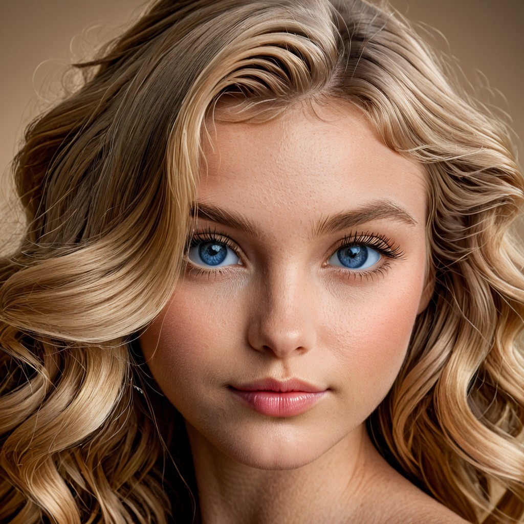 (luxparisa), (ultra-detailed), close-up portrait, caramel blonde waves softly framing her face, large blue eyes, fair glowing skin, pouty lips curled in a slight smirk, soft blush, warm side lighting, neutral studio backdrop, portrait glamour style