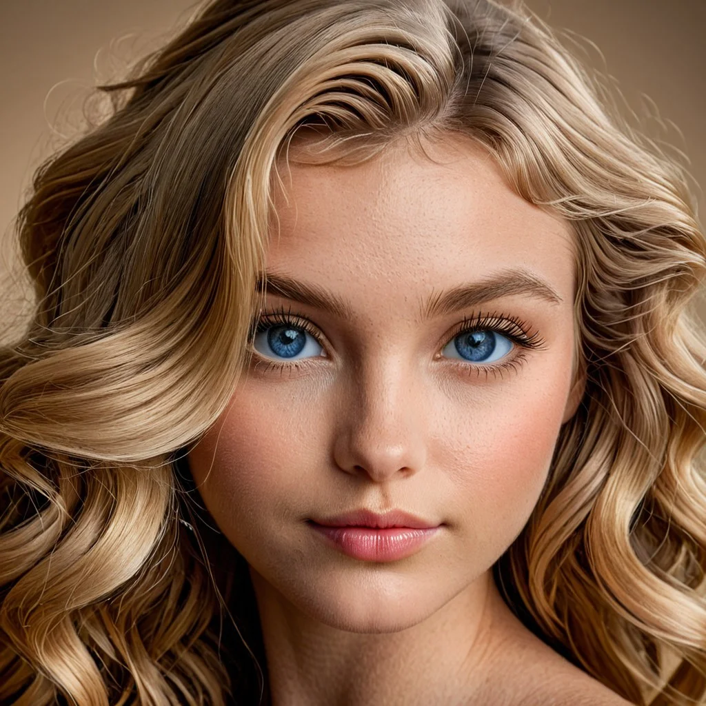 (luxparisa), (ultra-detailed), close-up portrait, caramel blonde waves softly framing her face, large blue eyes, fair glowing skin, pouty lips curled in a slight smirk, soft blush, warm side lighting, neutral studio backdrop, portrait glamour style
