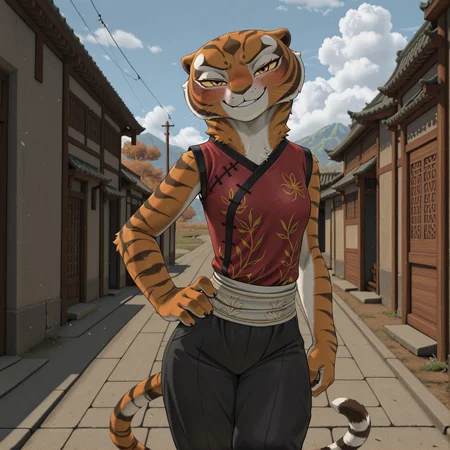 masterpiece, best quality, amazing quality, absurd res,
<lora:add_detail:1>
<lora:Master_Tigress_Kung_Fu_Panda_for_Illustrious:0.7> 1girl, yellow sclera, orange eyes, furry female, m4stertigr3ss, solo, tail, red qipao, black silk pants, waist wrap,
<lora:Mangamaster_style_V4:0.8> Mangamast3r,
hand on hip, outdoors, blush, smug, looking at viewer,