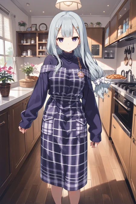 score_max, (score_9, score_8_up, score_7_up:1.2), score_6_up, official art, source_anime,
, masterpiece, absurdres, high detail, 8k,
indoors, wooden floor,
standing, bored, smile,
, rubetti, low-tied long hair, hairclip, white bow, hairscrunchie, turtleneck, purple sweater, long sleeves, sleeves past fingers, purple apron, apron dress, plaid apron, unmoving pattern, pocket, flower badge, strap slip,
<lora:XL_Pony_gomaotsu-ruberis-t1:1.0>