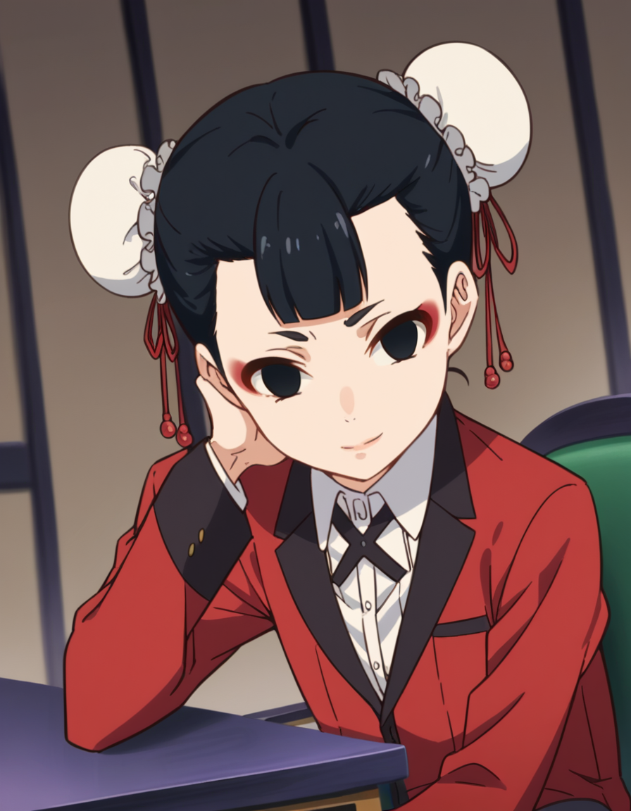 score_9, score_8_up, score_7_up, source_anime, <lora:miri-youbami-s2-ponyxl-lora-nochekaiser:1>, miri youbami, short hair, bangs, black hair, hair bun, black eyes, double bun, makeup, empty eyes, bun cover,, skirt, shirt, school uniform, jacket, white shirt, pleated skirt, collared shirt, black skirt, blazer, red jacket,, indoors, smile, looking at viewer, solo, sitting, head rest, table,, cowboy shot, dutch angle