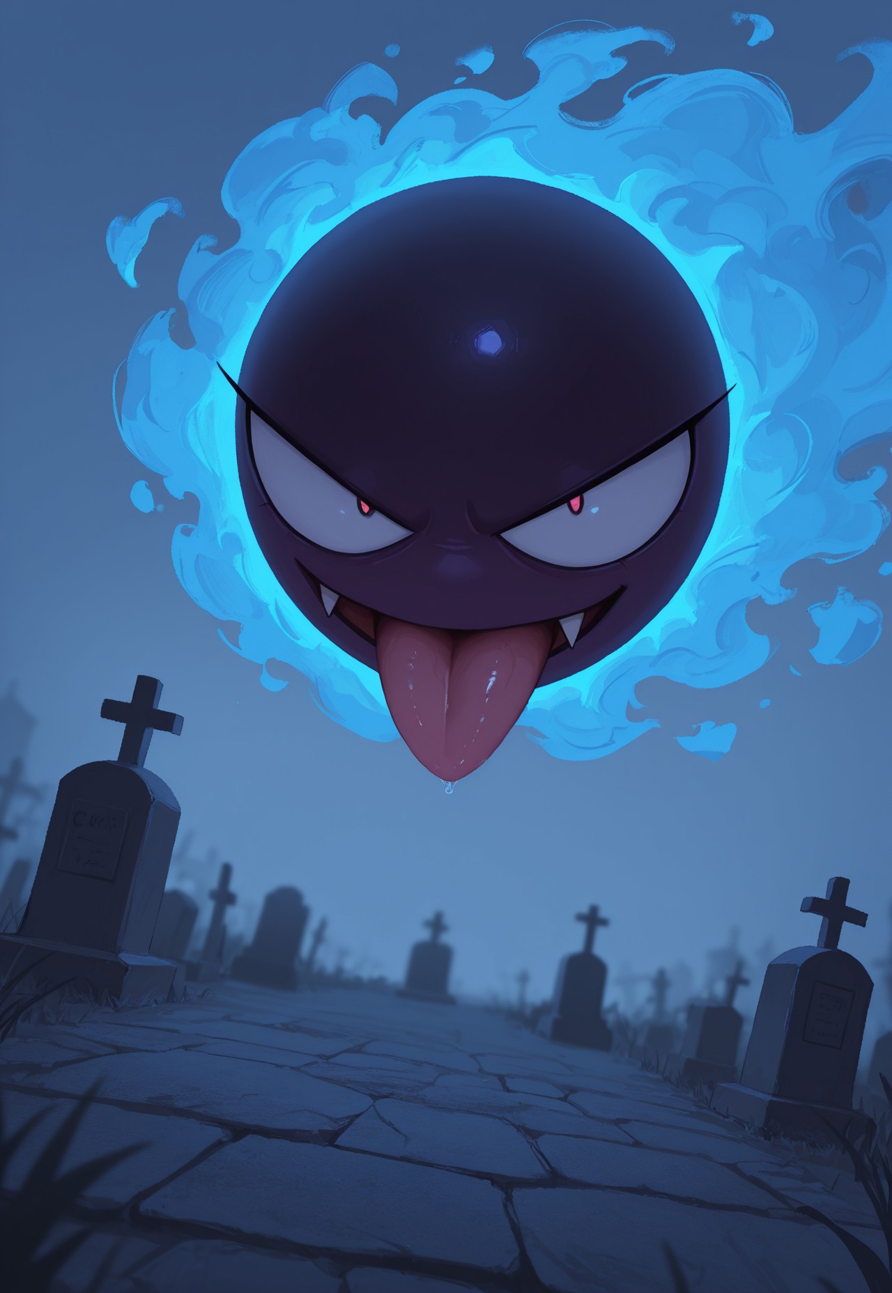 masterpiece, best quality, amazing quality, very aesthetic, absurdres, dynamic angle, ultra-detailed, highly detailed, cinematic lighting, realistic shading, intricate details, soft lighting, high contrast, depth of field, perspective, full body, outdoors, graveyard, looking at viewer, PKMN_Gastly, ShinyGastly, alternate color, blue smoke, purple skin, tongue out, half-closed eye