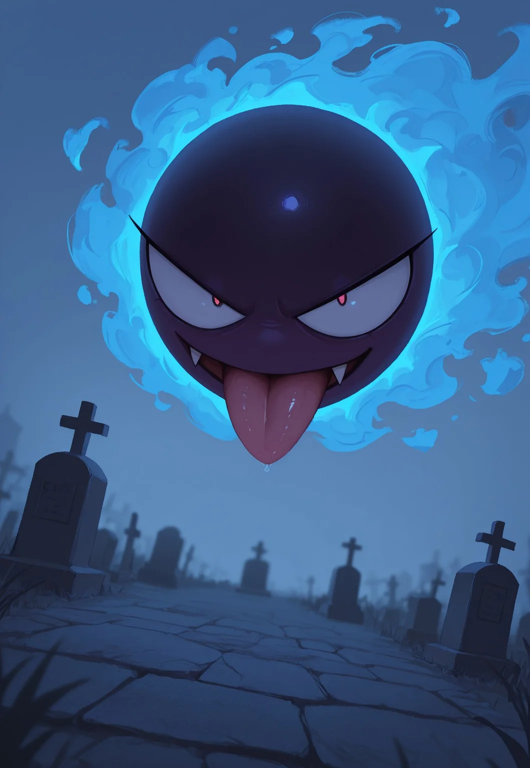 masterpiece, best quality, amazing quality, very aesthetic, absurdres, dynamic angle, ultra-detailed, highly detailed, cinematic lighting, realistic shading, intricate details, soft lighting, high contrast, depth of field, perspective, full body, outdoors, graveyard, looking at viewer, PKMN_Gastly, ShinyGastly, alternate color, blue smoke, purple skin, tongue out, half-closed eye