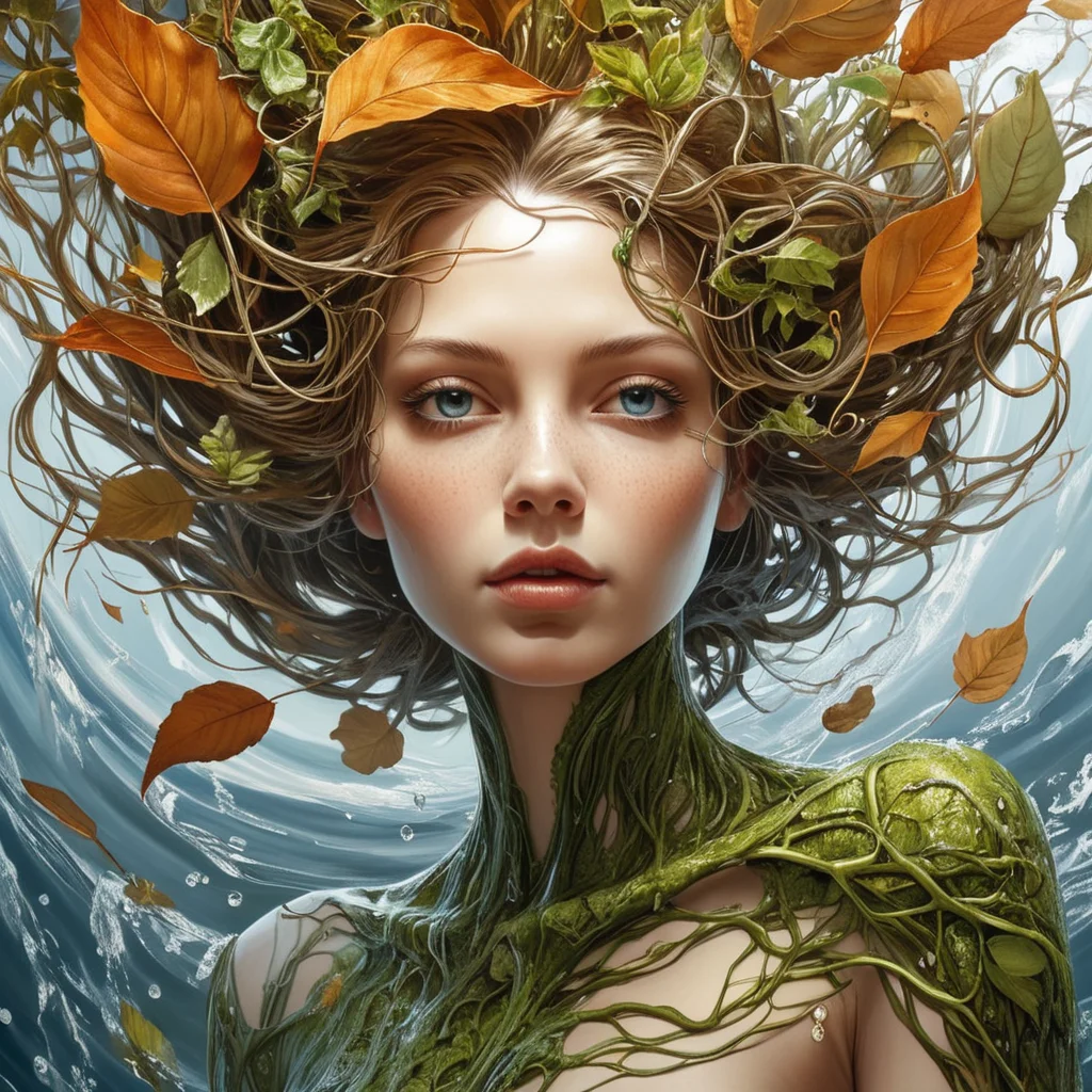(incredibly ultra lifelike, perfect professional precise, masterpiece, best quality extremely intricate detailed, extremely beautiful, light and shadow, amazing illust:1.1),
A breathtaking full-body portrait of a woman embodying nature's elements, rendered with extraordinary detail. Her hair flows like autumn leaves with shimmering gold and amber tones, while her skin seamlessly integrates earth textures with emerging moss and tiny sprouts. Delicate vines form her limbs, adorned with meticulously detailed flowers and crystalline dewdrops. Shimmering water veins course through her form like living streams, catching and reflecting light. Her eyes hold the depth of the sky, complete with drifting clouds and atmospheric effects. The entire figure radiates organic vitality, with every element - from the smallest leaf to the most intricate water pattern - rendered in perfect detail. (Natural movement, elemental fusion, organic textures:1.2)