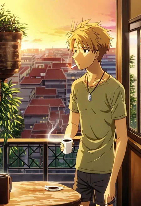 high resolution, solo, best quality, 1Boy, Yamato Ishida, Blond Hair, Necklace, home balcony, morning, cigarette, coffee, t-shirt, shorts, looking away, OverallDetail