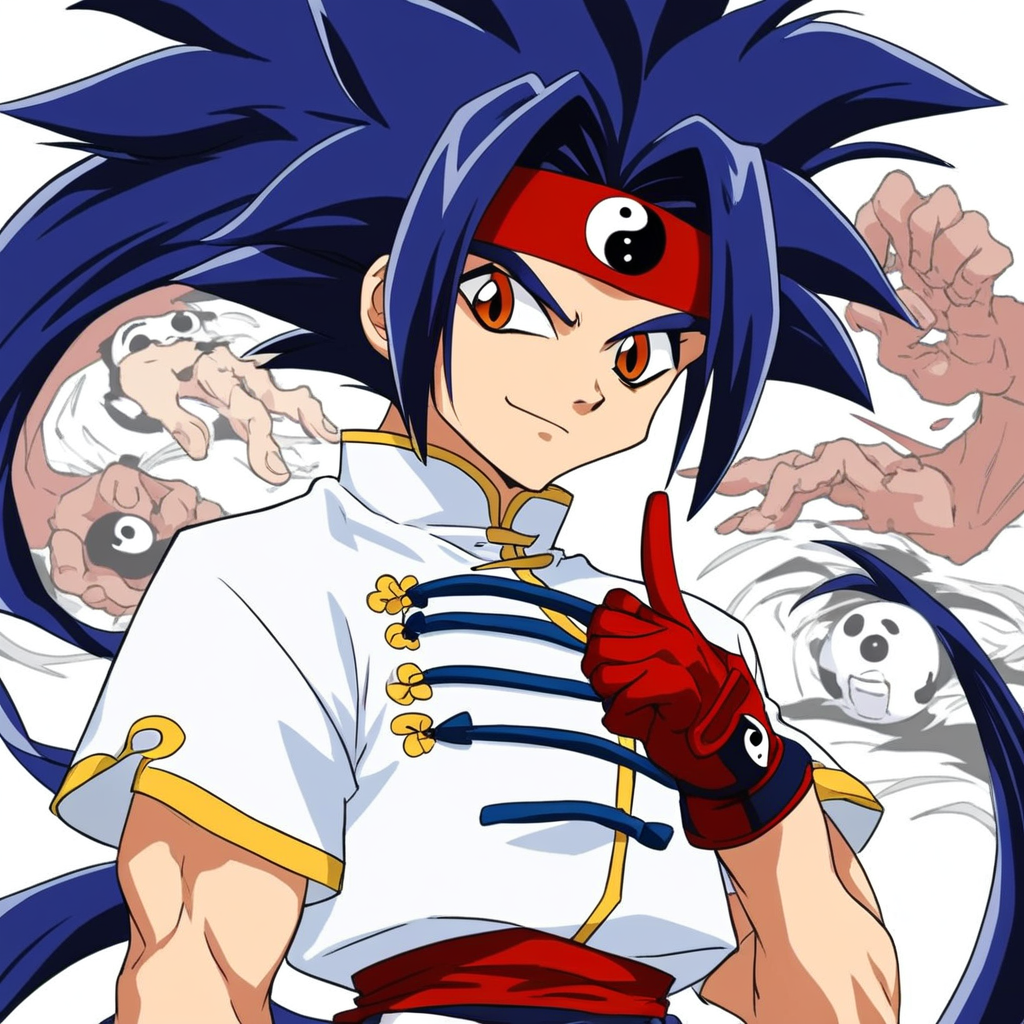 cheerful expression, chinese outfits, score_8_up, very long hair, black shoes, white shirt with blue accents, light brown skin, solo dark blue hair, Ray Kon, red half finger gloves with yin-yang symbol, tone and a confident, highly detailed, orange eyes, red headband featuring a yin-yang symbol, kung fu red belt, source_anime, spiky, playful appearance, 1boy, long hair ponytail, eyes close