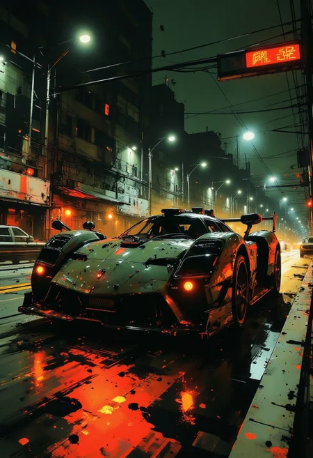 inksketch, in the style of ck-mgs, A digital artwork in the style of cknc, a_skynet_cyberdyne_craft, the image is featuring a close-up of a futuristic, highly advanced hypercar (with Lamborghini styling) travelling at extreme speed on a sci-fi superhighway at night, extreme motion blur on abstract dark background, neon signs, bokeh, dark night, camera tilt, viewed diagonally from the front, angled diagonally in the frame