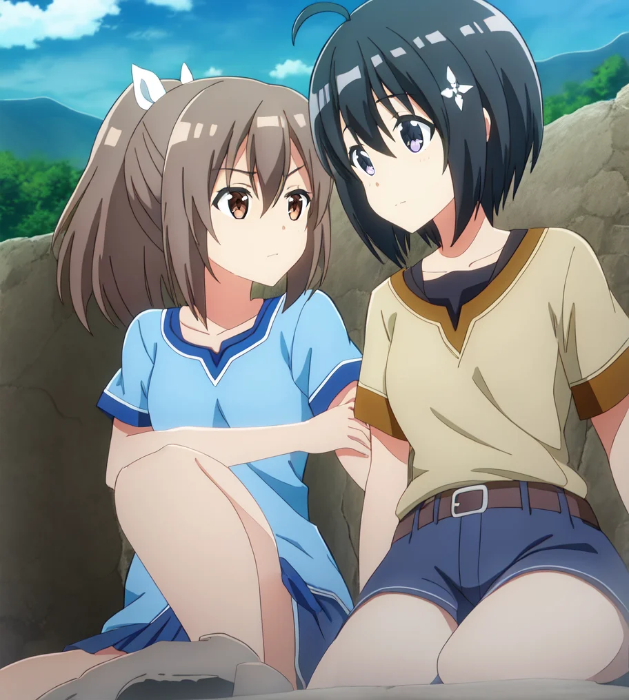 BoMaple beginner outfit, BoSally,  aniscreen, 2girls,  yuri, lesbian, hand to hand, outdoors, in village, on street,  looking at another, sitting on rock, lying on each other, in park, eye contact, detailed background, cinematic angle
<lora:bofuri_extract_convP01_linearP04:1>