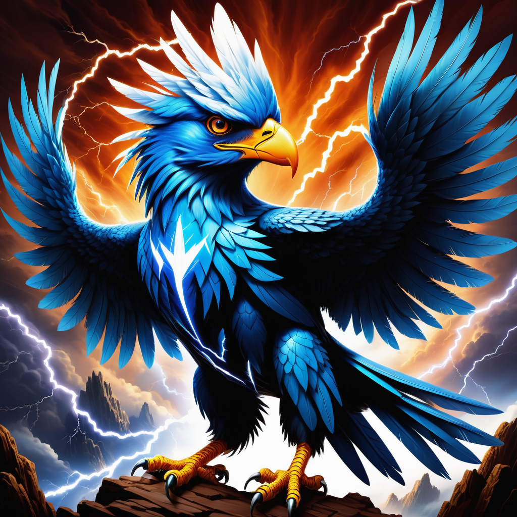 hyper detailed masterpiece, dynamic, awesome quality,thunderbird, large majestic formidable powerful mythical bird,  sharp edged lightning-like feathers, thunderous flapping of wings produces thunder, power, transformation, natural forces, thunder, lightning