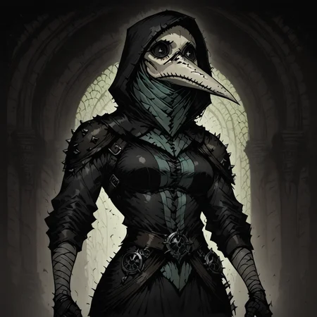 masterpiece, best quality, newest, absurdres, highres, anime, anime style, 1girl, black eyes, shaded eyes,  DDPD-V1.1, plague doctor mask, mask, armor, shoulder pads,