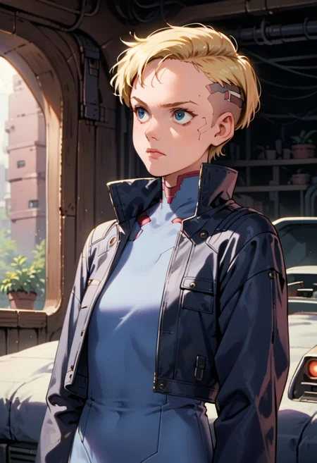 score_9, score_8_up, score_7_up, source_anime, highly detailed, Calla, Casual Calla, solo, cyberpunk, mech, pilot, leather jacket, cyborg, 1girl, upper body, female focus, indoors, knva, undercut, cyborg, long blonde hair, blue eyes,