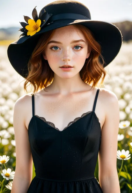 Fashion super close up photography, black and white style, marco shot of d4phnefrench 20 year old woman with (freckles) wearing vintage black dress, holding a batch spring flower, black hat, backlit lighting, detailed skin texture, detailed eyes