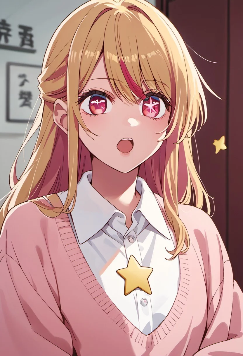 score_9, score_8_up, score_7_up, source_anime, hoshino ruby, blonde hair, long hair, pink eyes, symbol-shaped pupils, star (symbol), 1girl, solo, shirt, collared shirt, streaked hair, white shirt, open mouth, pink sweater, sweater, upper body