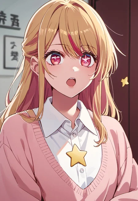 score_9, score_8_up, score_7_up, source_anime, hoshino ruby, blonde hair, long hair, pink eyes, symbol-shaped pupils, star (symbol), 1girl, solo, shirt, collared shirt, streaked hair, white shirt, open mouth, pink sweater, sweater, upper body