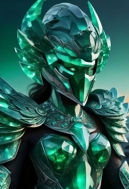 Hyperrealism, fully dressed, goddess, doing shores, night, emeraldmorph, galactic, (extremely detailed overall:1.5), closer, upper body, portrait, (GIGA ARMOR:1.5), emerald armor, lava vulcan background, full face helmet, supreme armor,