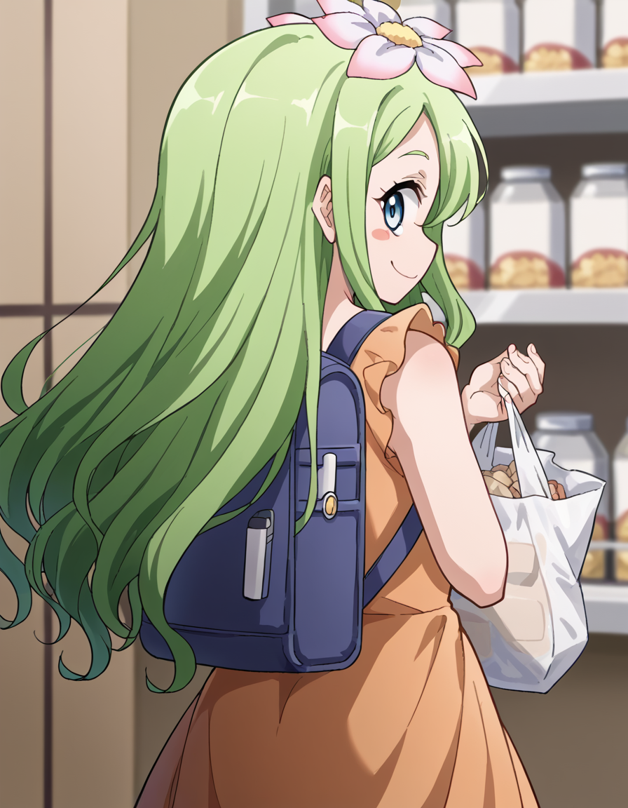 score_9, score_8_up, score_7_up, source_anime, <lora:celine-darkness-ponyxl-lora-nochekaiser:1>, celine, long hair, blue eyes, hair ornament, flower, green hair, hair flower, wavy hair, blush stickers,, dress, backpack, orange dress, frills,, grocery store, cashier, shopping bag, scanning items, small talk, everyday routine, smile, <lora:dio-brandos-pose-ponyxl-lora-nochekaiser:1>, dio brandos pose, dio brando's pose (jojo), back, ass, from behind, jojo pose, standing, blush, smile, bed room,, looking at viewer, solo,, dutch angle, cowboy shot