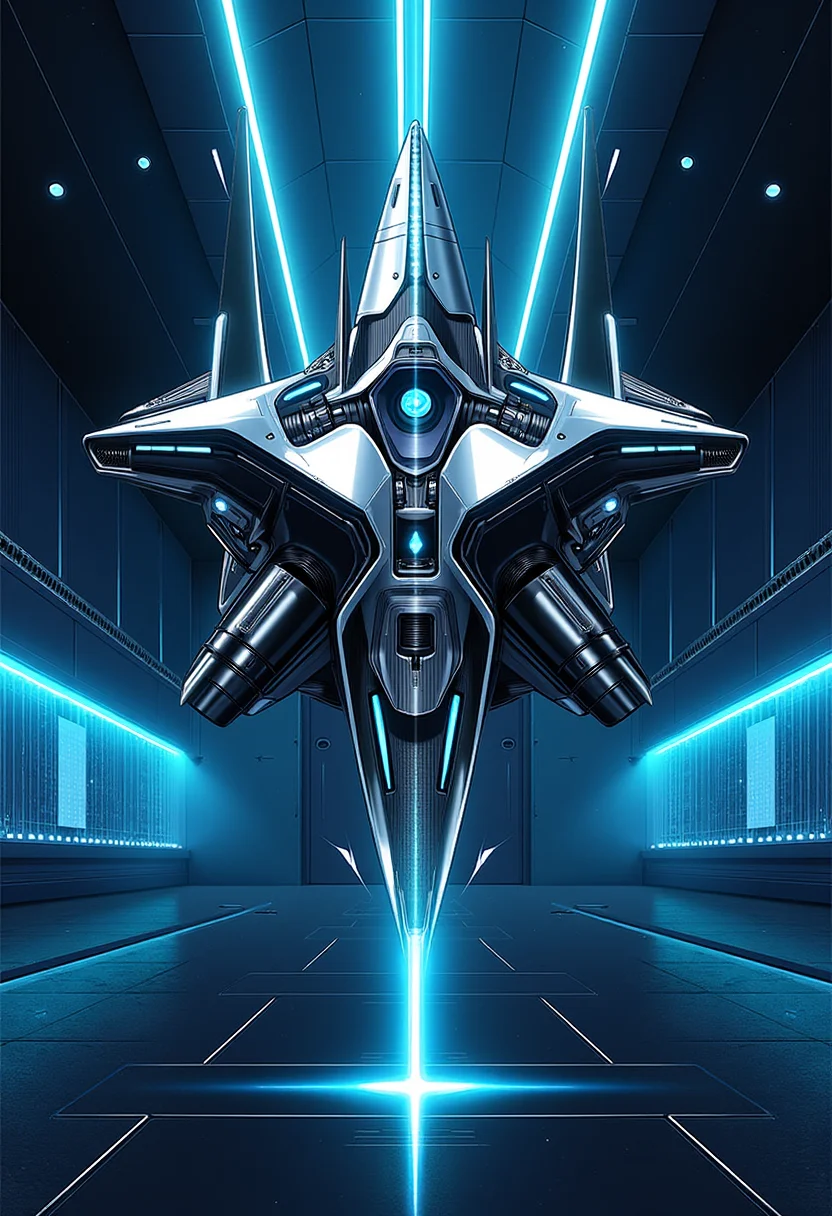 yfg-srs 8k resolution, chiaroscuro. ink sketch masterpiece, a hi-tech anime cyberpunk setting of nistyle in the docking bay of an alien spaceship with intricate shiny mechanical high tech components with glowing, intense blue led diodes that emit a otherworldly glow visible on the distant back wall, levitated above the floor and is not tethered or anchored to anything is in the center of the room a huge highly complex ceramic 3d cyberpunk mech spaceship sculpture in horizontal orientation layout, with long flowing lines, long flowing cables, long flowing pipes, glowing long flowing blue LED trimmings, the symmetric 3D sculpture looks like a highly complex mecha spacecraft, trending on distant space stations in distant solar systems and yet to reach ArtStation on Earth, the sculpture has a reflective surface that reflects the LED lights, diodes, with long trails of PCB patterns found on the far wall behind, light from behind casting long shadows through the sculpture, on the floor are glowing lime crystals which are casting a glow under the hull of the mech spacecraft, the side walls are out of frame and the background wall does not contain any windows or doors, no humans visible