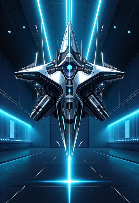 yfg-srs 8k resolution, chiaroscuro. ink sketch masterpiece, a hi-tech anime cyberpunk setting of nistyle in the docking bay of an alien spaceship with intricate shiny mechanical high tech components with glowing, intense blue led diodes that emit a otherworldly glow visible on the distant back wall, levitated above the floor and is not tethered or anchored to anything is in the center of the room a huge highly complex ceramic 3d cyberpunk mech spaceship sculpture in horizontal orientation layout, with long flowing lines, long flowing cables, long flowing pipes, glowing long flowing blue LED trimmings, the symmetric 3D sculpture looks like a highly complex mecha spacecraft, trending on distant space stations in distant solar systems and yet to reach ArtStation on Earth, the sculpture has a reflective surface that reflects the LED lights, diodes, with long trails of PCB patterns found on the far wall behind, light from behind casting long shadows through the sculpture, on the floor are glowing lime crystals which are casting a glow under the hull of the mech spacecraft, the side walls are out of frame and the background wall does not contain any windows or doors, no humans visible