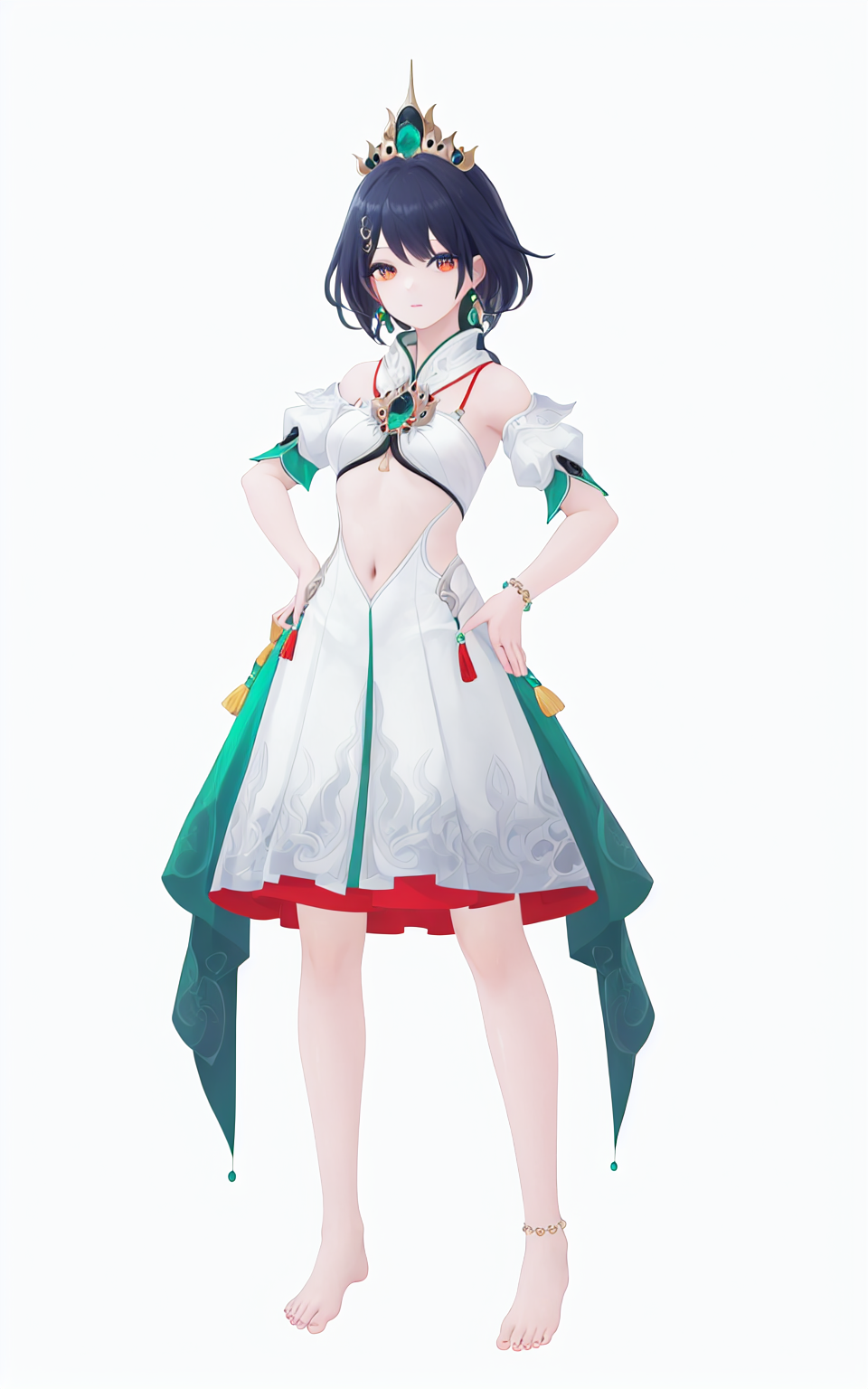 8k, best quality, masterpiece, (ultra-detailed), (high detailed skin), (white background:1.3), 
(full body:1.25), (white background), standing, looking at viewer, (solo:1.3), hands on hips, completely  white background, 
<lora:yunli-sd-Tanger-000019:0.9>, yunli, default clothes, 1girl, solo, barefoot, dress, jewelry, navel, 
(beautiful_face), ((intricate_detail)), clear face, 
((finely_detailed)), fine_fabric_emphasis, 
((glossy)), full_shot,