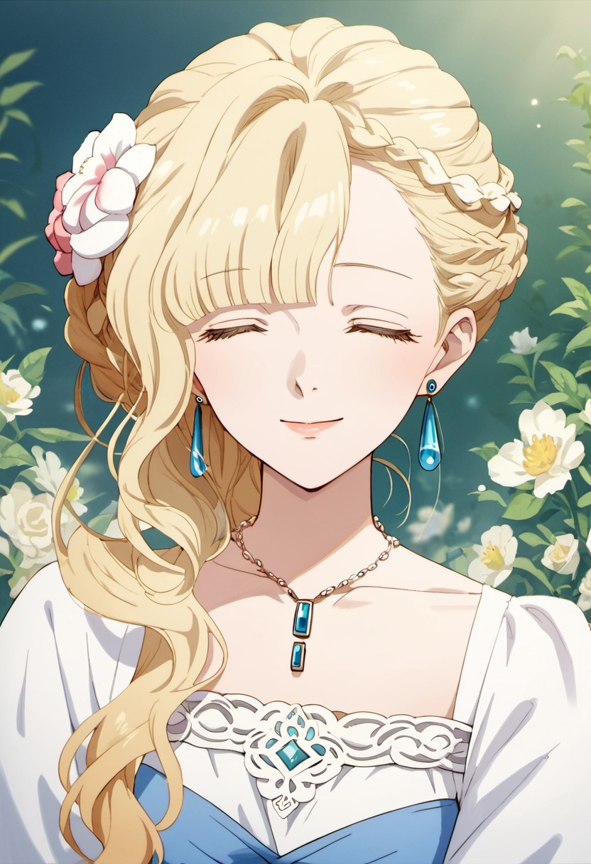 score_9, score_8_up, score_7_up, source_anime, elianna bernstein, blonde hair, long hair, blue eyes, 1girl, jewelry, solo, closed eyes, flower, hair flower, hair ornament, braid, earrings, smile, necklace, anime coloring