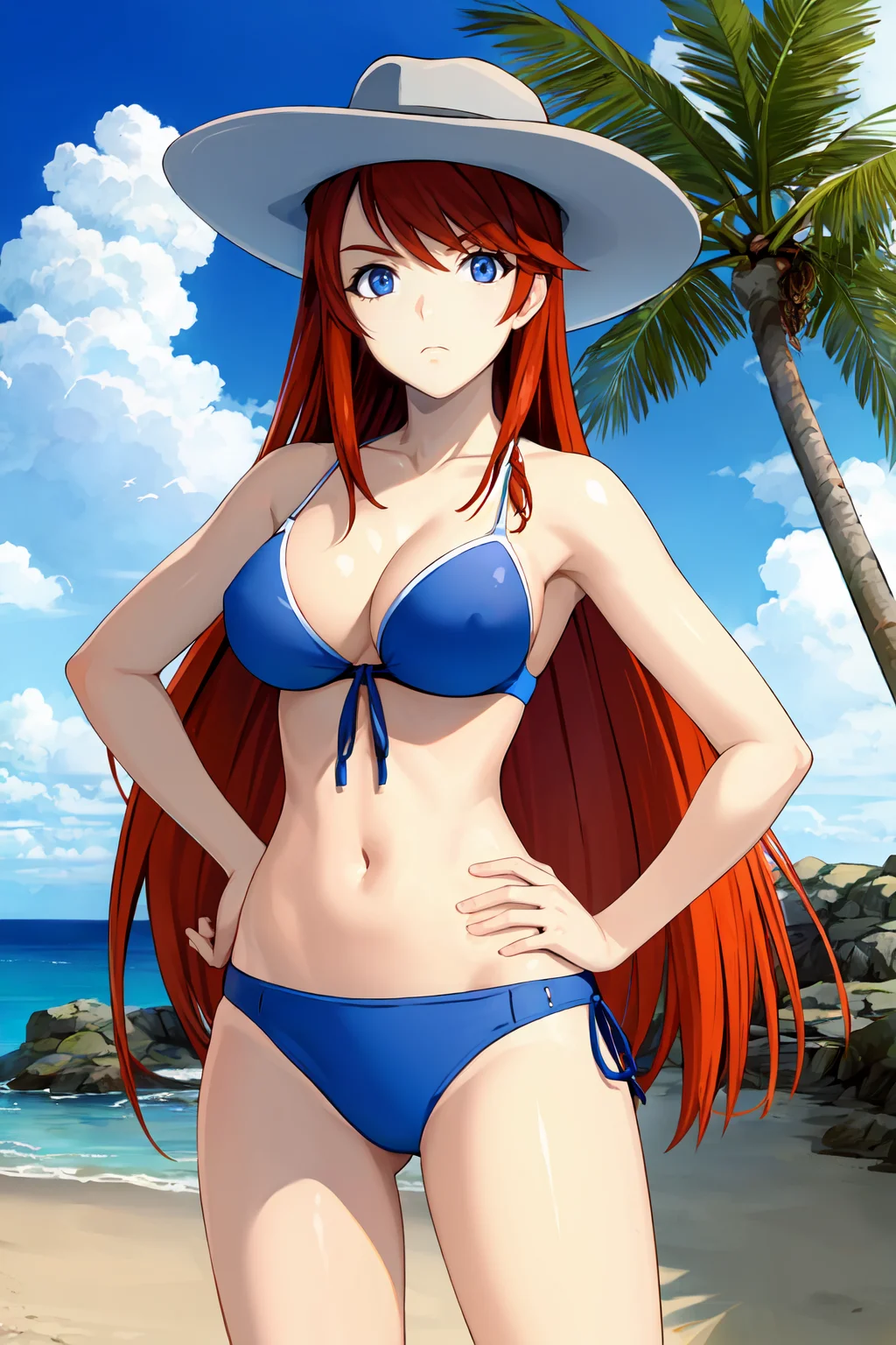 megbaku, 1girl, solo, cowboy hat, cleavage, bikini, frown, hands on hips, beach, palm tree, light rays, looking at viewer, large breasts, <lora:megbaku_V9-09:0.8>