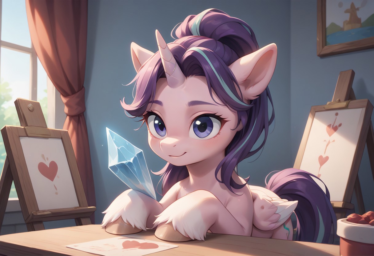 score_9, score_8_up, score_7_up, score_6_up, score_5_up, score_4_up, Starlight Glimmer, alicorn pony, g5, inside, rich colors, crystal castle, Crystal Empire, crystal heart in the center of the square, presents a painting of rabbits and pony, aroused, front view, detailed background, pony, solo, detailed, 8k quality, side view, beautiful, teasing, easel and brushes, leaned to the floor, close up, free actions,