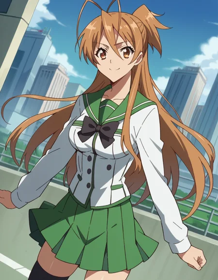 score_9, score_8_up, score_7_up, source_anime,
reimiyamoto, <lora:rei-miyamoto-ponyxl-lora-nochekaiser:1>,
rei miyamoto, long hair, brown hair, brown eyes, antenna hair, ponytail, smile,
skirt, thighhighs, school uniform, serafuku, zettai ryouiki, green skirt, bowtie, long sleeves, black thighhighs, black bowtie,
outdoors, cityscape,
looking at viewer, cowboy shot, dutch angle,