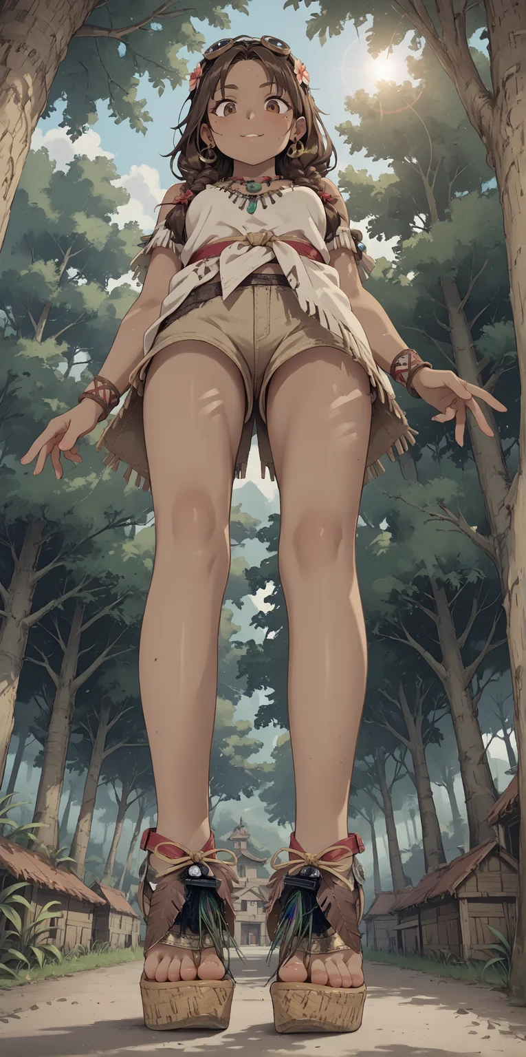 score_9, score_8_up, score_7_up, score_6_up, source_anime, extremely detailed,
1girl,
brown hair,
dark skin,
tribal,
feet, toes,
(b0h0 heels), platform footwear,
wide angle, (low angle:1.3),
forest village,
looking down, v,
hippie tunic, frayed brown shorts,
embedding:zPDXLrl ,
embedding:zPDXL2 ,