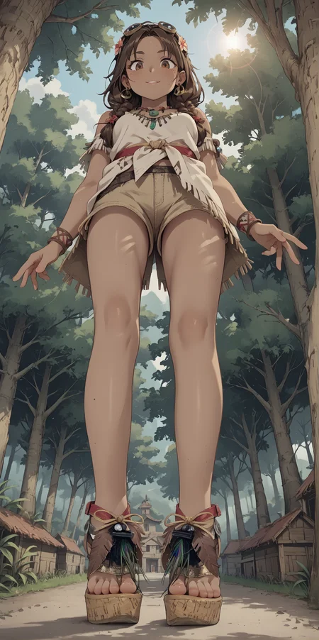 score_9, score_8_up, score_7_up, score_6_up, source_anime, extremely detailed,
1girl,
brown hair,
dark skin,
tribal,
feet, toes,
(b0h0 heels), platform footwear,
wide angle, (low angle:1.3),
forest village,
looking down, v,
hippie tunic, frayed brown shorts,
embedding:zPDXLrl ,
embedding:zPDXL2 ,