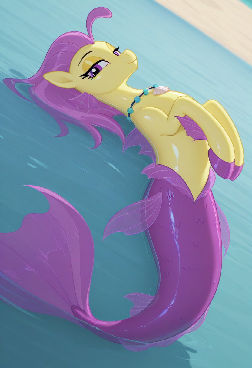 (masterpiece:1.2), (best quality:1.2), (very aesthetic:1.2), (absurdres:1.2), (detailed background), newest, sharp focus, perfect light, dynamic light, natural light, (best quality), my little pony, ocean flow, solo, water, purple eyes, 1girl, shell necklace, jewelry, no humans, purple hair, yellow skin, fins, looking at viewer, lidded eyes, yellow eyeshadow, dutch angle, shiny skin, glossy skin, shiny hair, glossy hair, full body, lying on back, beach, in water, siren, hippocampus, mermaid tail