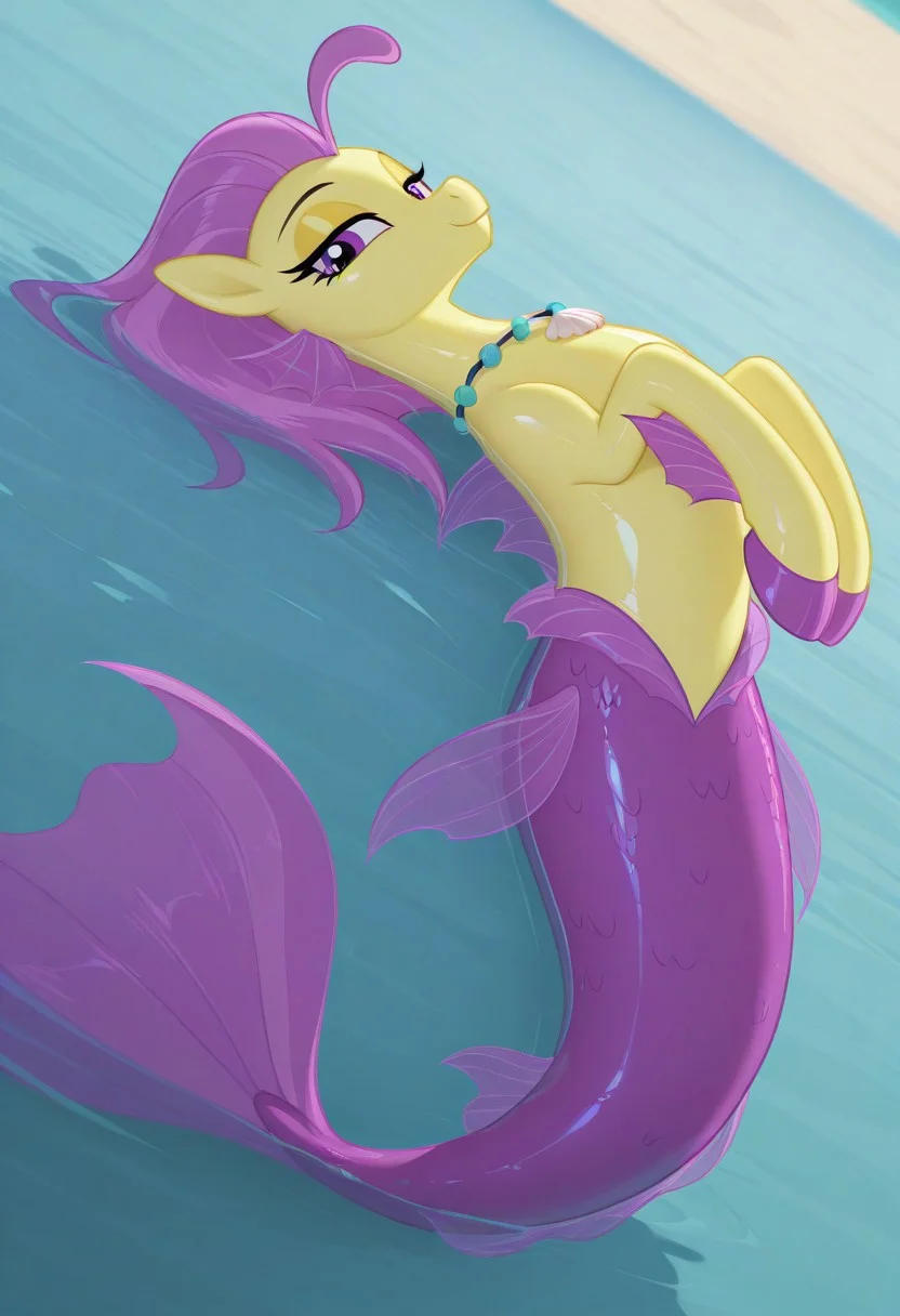 (masterpiece:1.2), (best quality:1.2), (very aesthetic:1.2), (absurdres:1.2), (detailed background), newest, sharp focus, perfect light, dynamic light, natural light, (best quality), my little pony, ocean flow, solo, water, purple eyes, 1girl, shell necklace, jewelry, no humans, purple hair, yellow skin, fins, looking at viewer, lidded eyes, yellow eyeshadow, dutch angle, shiny skin, glossy skin, shiny hair, glossy hair, full body, lying on back, beach, in water, siren, hippocampus, mermaid tail