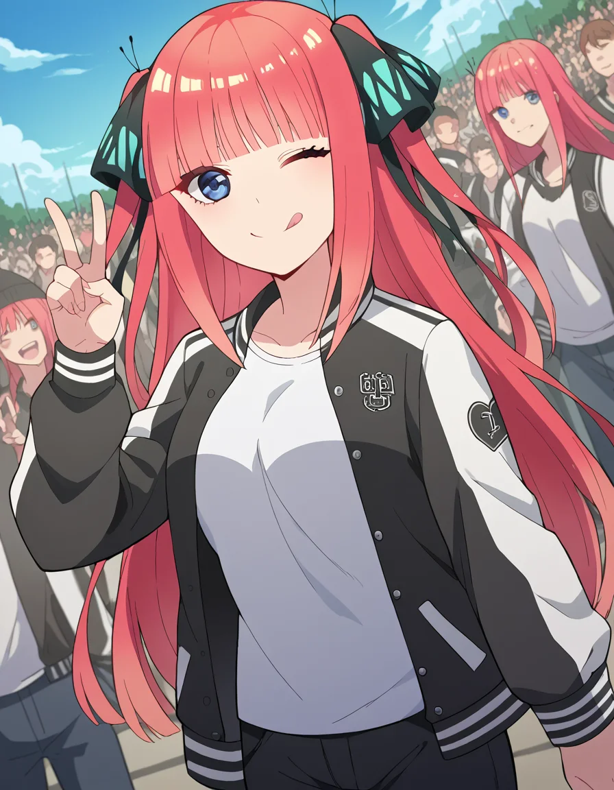 score_9, score_8_up, score_7_up, source_anime, <lora:nnakano-s2-ponyxl-lora-nochekaiser:1>, long hair, bangs, blue eyes, hair ornament, hair ribbon, pink hair, blunt bangs, two side up, butterfly hair ornament, large breasts,, <lora:letterman-jacket-ponyxl-lora-nochekaiser:1>, letterman jacket, jacket,, outdoors, crowd, people, v, v over eye, one eye closed, tongue out, smile, beanie, pants, open clothes, open jacket,, cowboy shot, solo, looking at viewer, dutch angle,