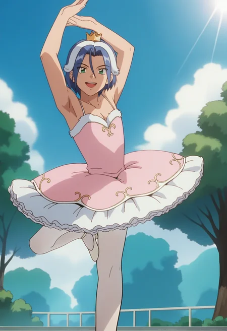score_9, score_8_up, score_7_up, score_6_up, anime screencap, anime coloring, <lora:PMJamesV1_epoch_10:0.8>, PMJames, blue hair, hair between eyes, short hair, green eyes, 
mature male, crossdressing, ballerina, crown, fur hairband, pink dress, tutu, white pantyhose,
smile, looking at viewer, open mouth, dancing, (leg up:1.3), from side, leaning forward, ballet, arms up, armpits, feet out of frame,
BREAK blue sky, day, sunlight, sunbeam, tree, building,