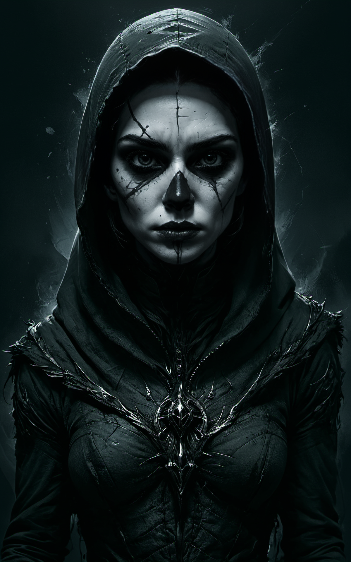 Horror-themed concept art (((black and white charcoal sketch))),woman assassin,hooded,masked,breathtaking impress me by creating an award-winning photograph exploring an original and unconventional theme that captivates and amazes the viewer. Push boundaries of traditional concepts,infusing the image with creativity and wonder,leaving a lasting impression on those who behold it,32K,absurdres,intricately detailed,. award-winning,professional,highly detailed . digital artwork,illustrative,painterly,matte painting,highly detailed,<lora:- SDXL - vant_blk_contrast_V2.0:1>,vivid contrast,<lora:detailed_notrigger:1>,approaching perfection,dynamic,highly detailed,smooth,sharp focus,art by Carne Griffiths and Wadim Kashin,trending on artstation,sharp focus,intricate details,highly detailed,by greg rutkowski,mysterious,epic,cinematic, . Eerie, unsettling, dark, spooky, suspenseful, grim, highly detailed